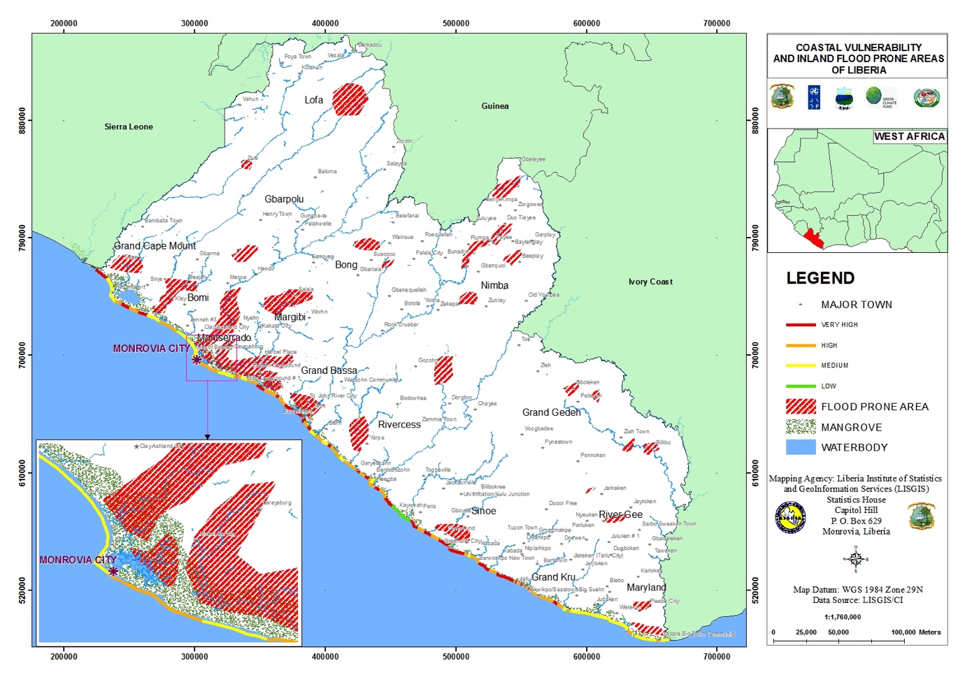 National Coastal Vulnerability and Inland Flood Zoning Map of Liberia